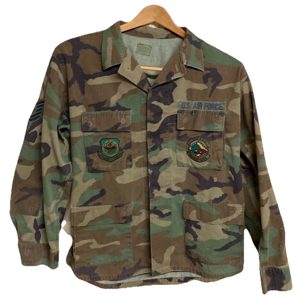 VTG 90s Woodland Camo BDU Coat USAF 96th APS Air Mobility Command TSGT Sz Lrg